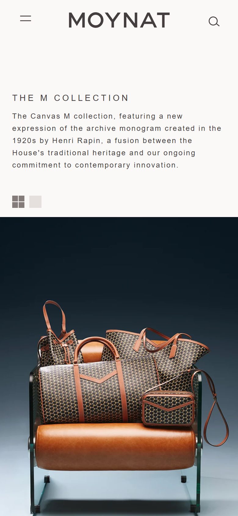 Moynat collection: the m collection on mobile, not disclosed luxury leather goods storefront captured at 390 x 844