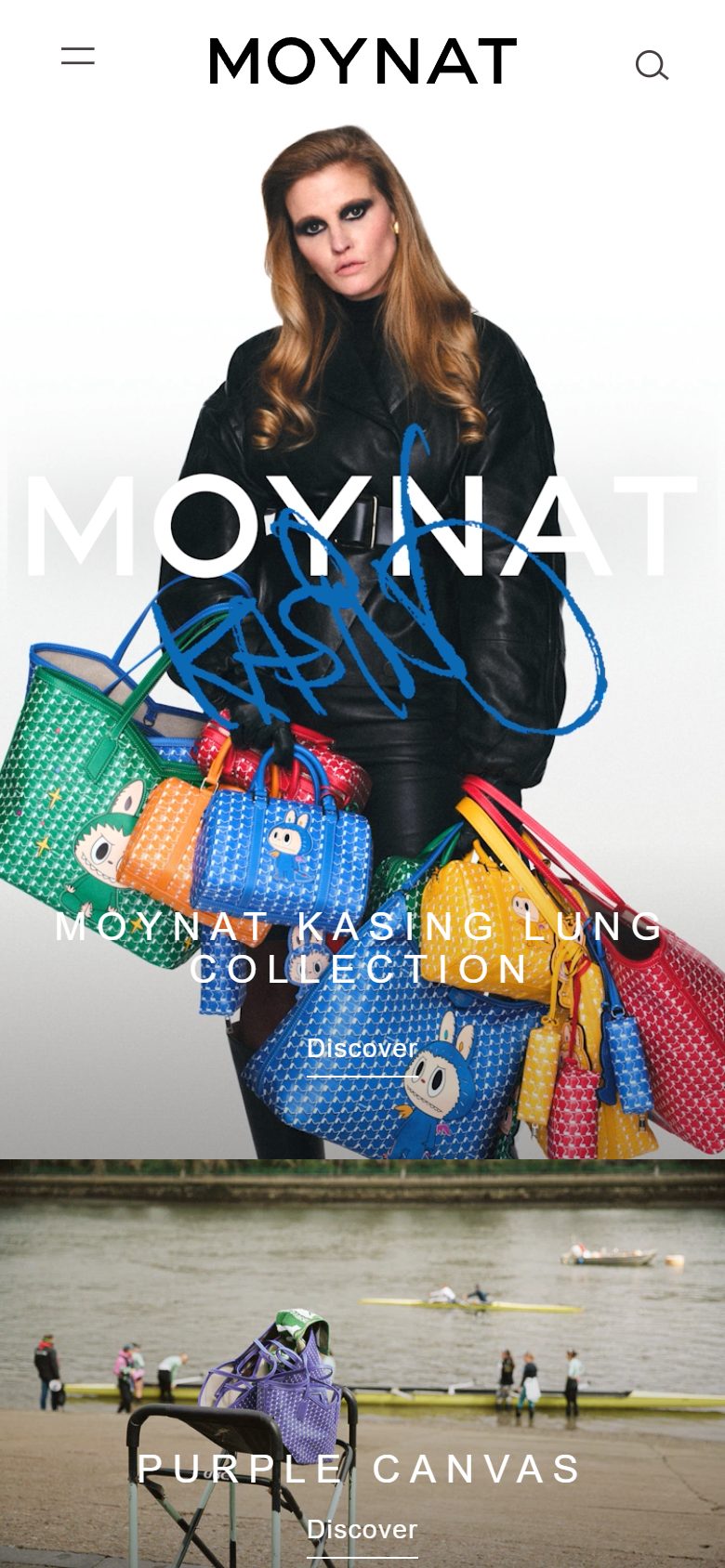 Moynat homepage on mobile, not disclosed luxury leather goods storefront captured at 390 x 844