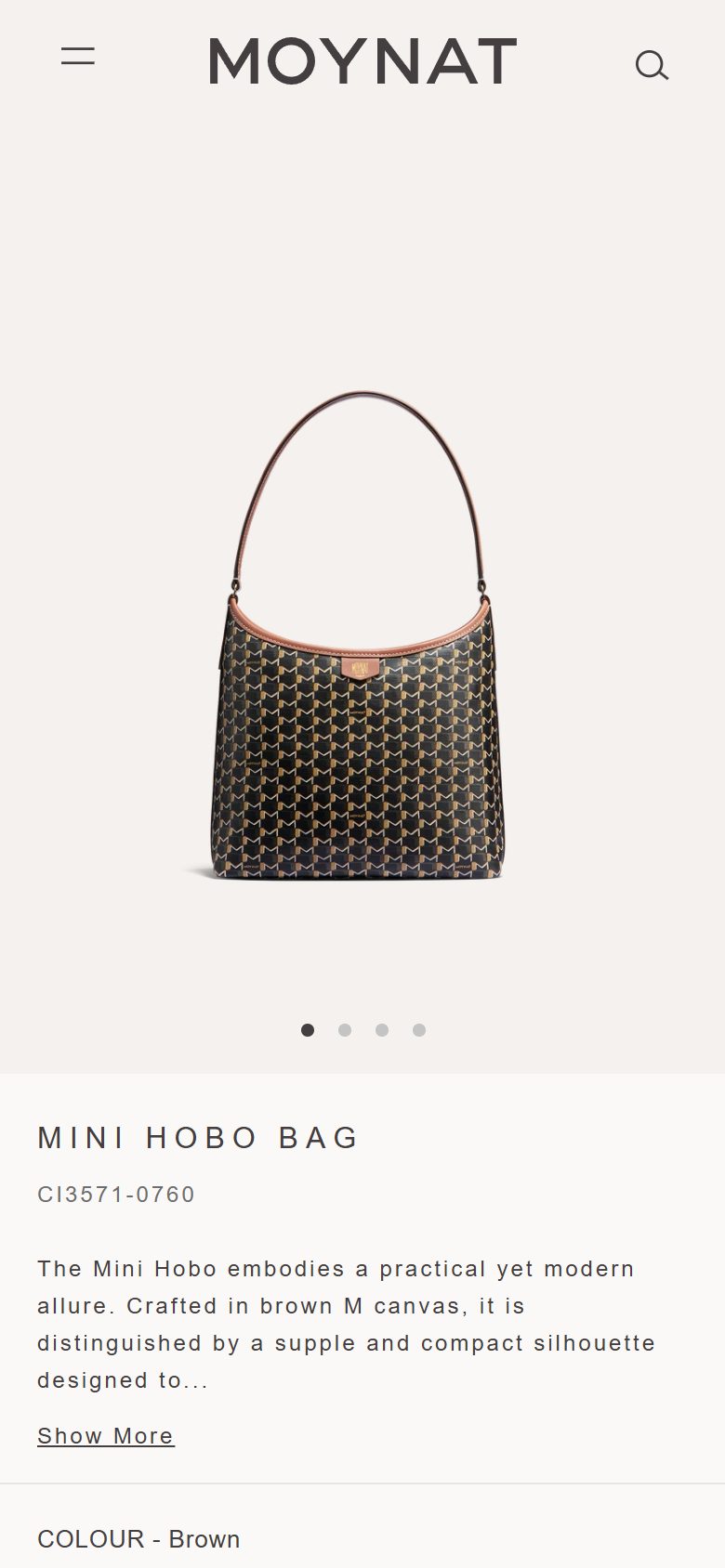 Moynat product page on mobile, not disclosed luxury leather goods storefront captured at 390 x 844