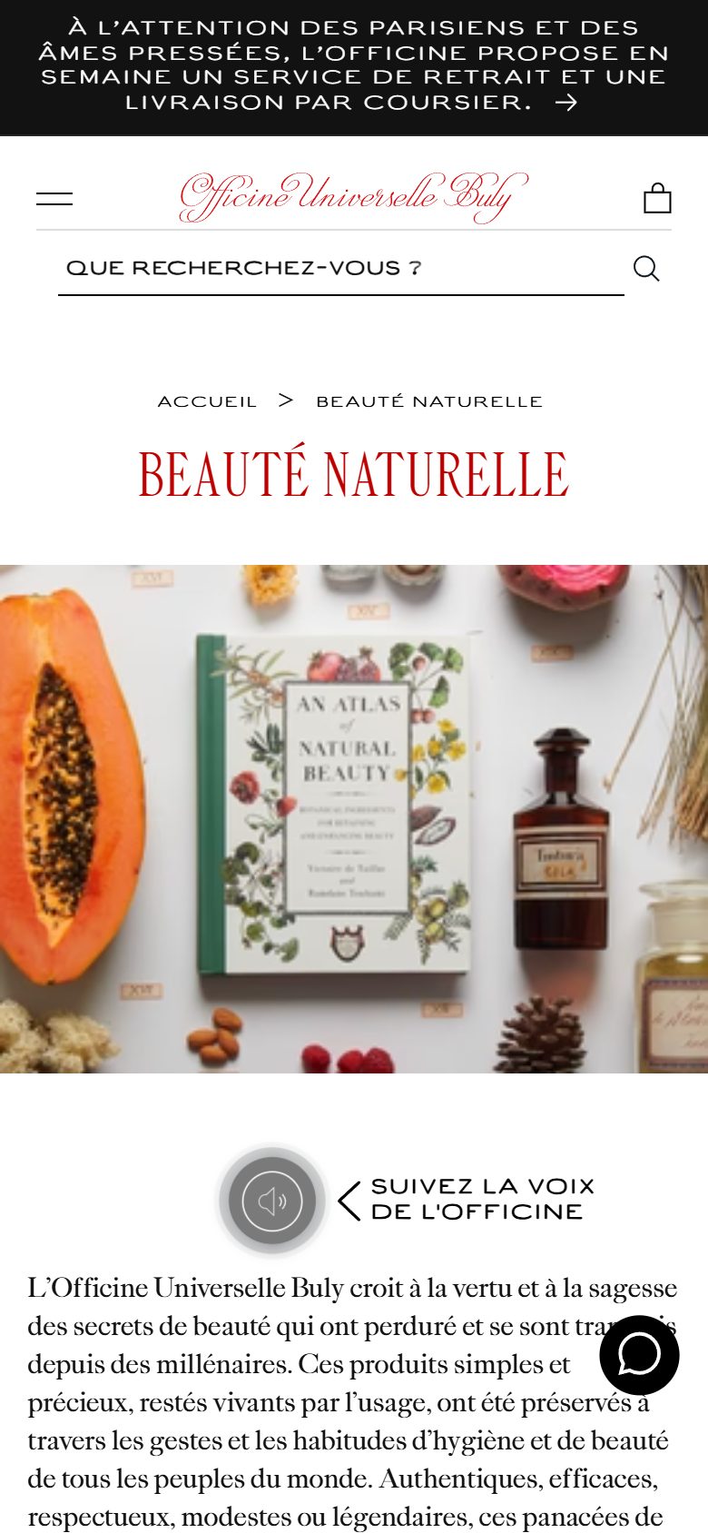 Officine Universelle Buly collection: beauté naturelle on mobile, not disclosed luxury beauty storefront captured at 390 x 844