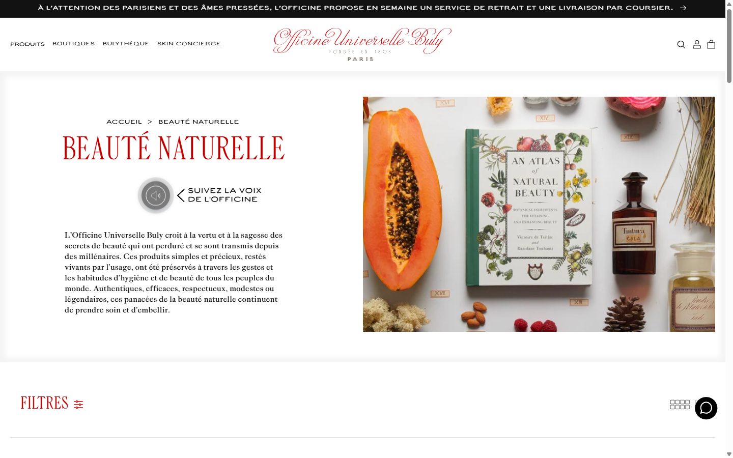 Officine Universelle Buly collection: beauté naturelle on desktop, not disclosed luxury beauty storefront captured at 1440 x 900