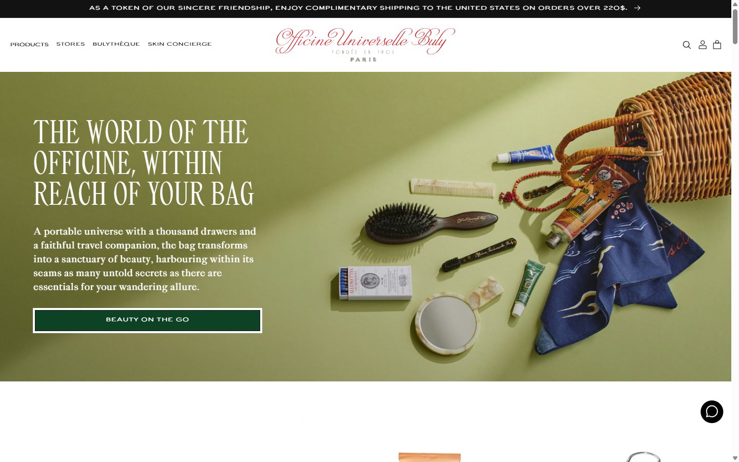 Officine Universelle Buly homepage on desktop, not disclosed luxury beauty storefront captured at 1440 x 900