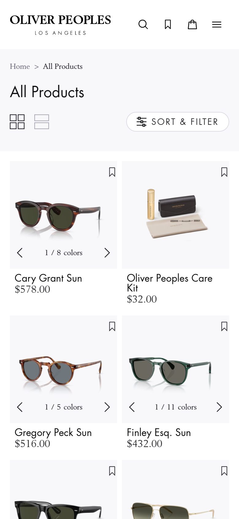 Oliver Peoples collection: all products on mobile, not disclosed luxury eyewear storefront captured at 390 x 844