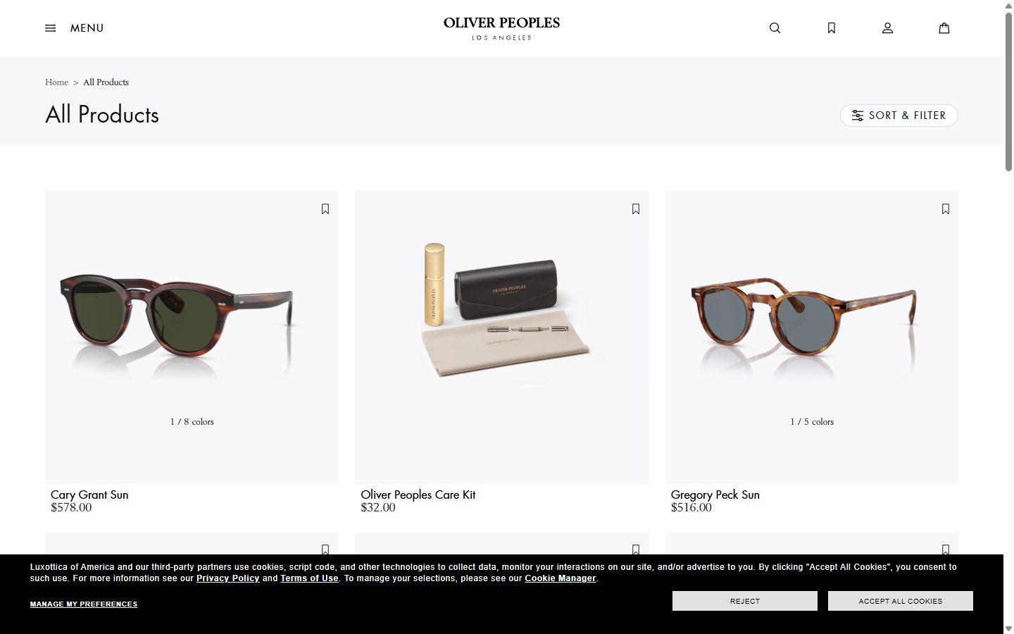 Oliver Peoples collection: all products on desktop, not disclosed luxury eyewear storefront captured at 1440 x 900