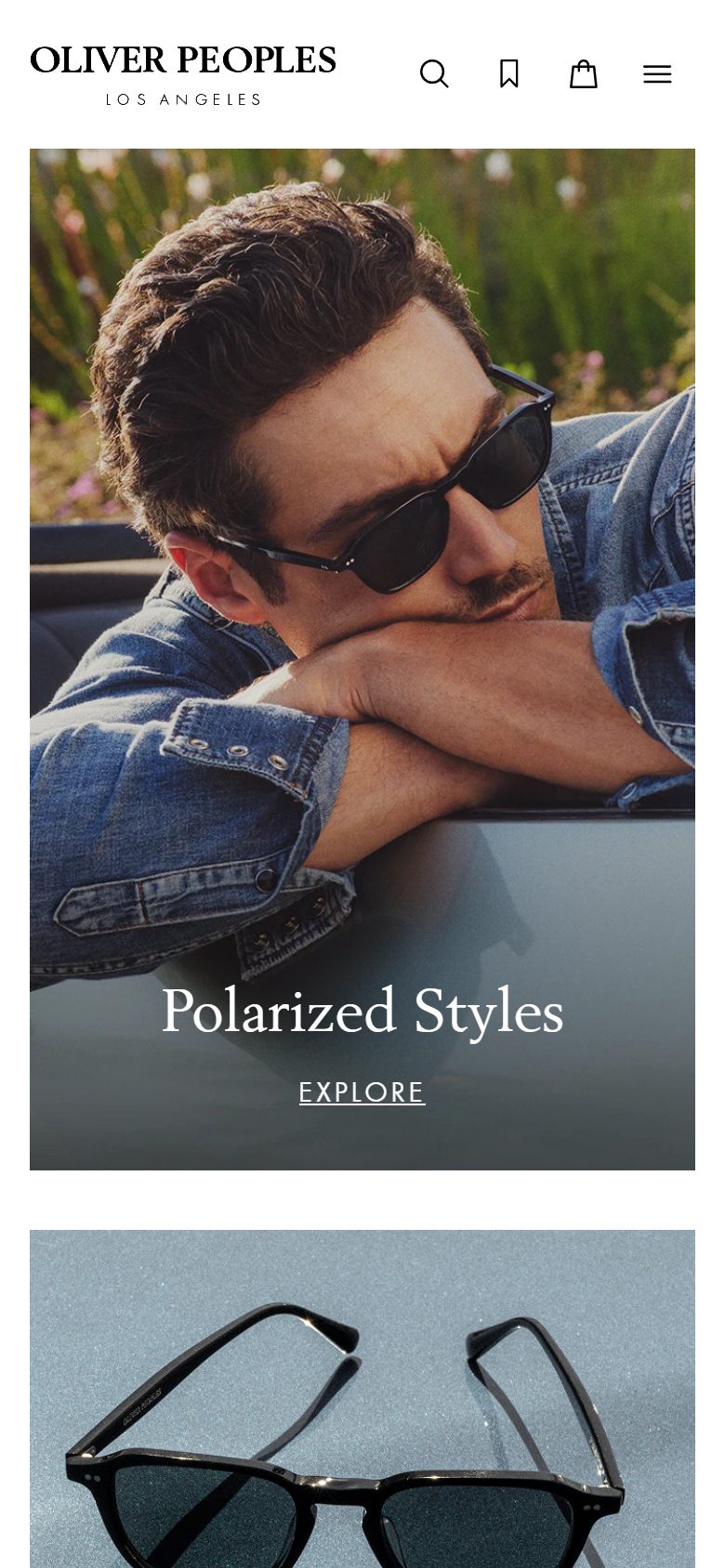 Oliver Peoples homepage on mobile, not disclosed luxury eyewear storefront captured at 390 x 844
