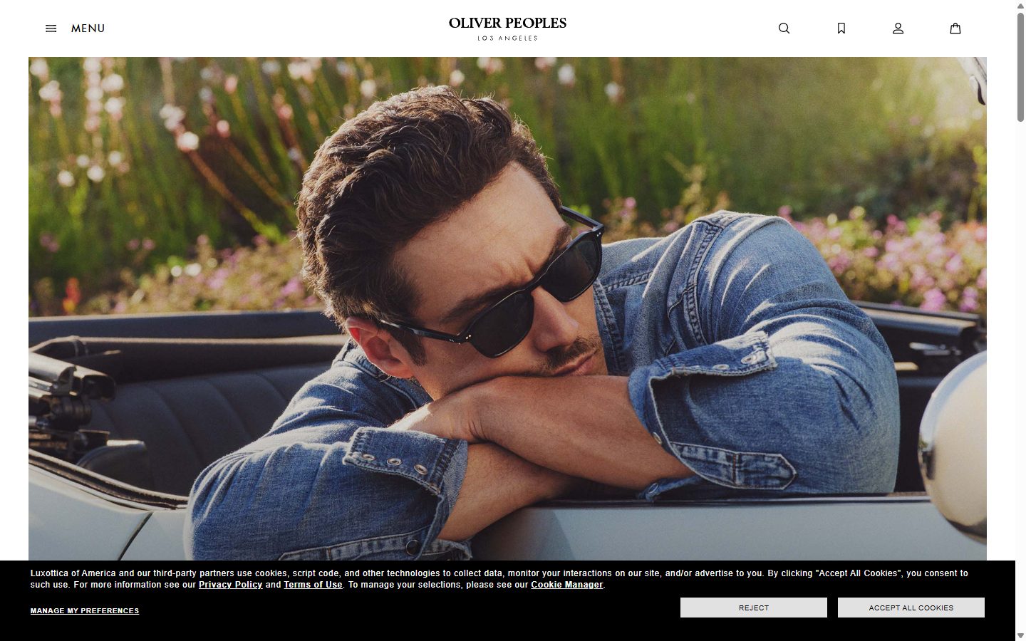 Oliver Peoples homepage on desktop, not disclosed luxury eyewear storefront captured at 1440 x 900