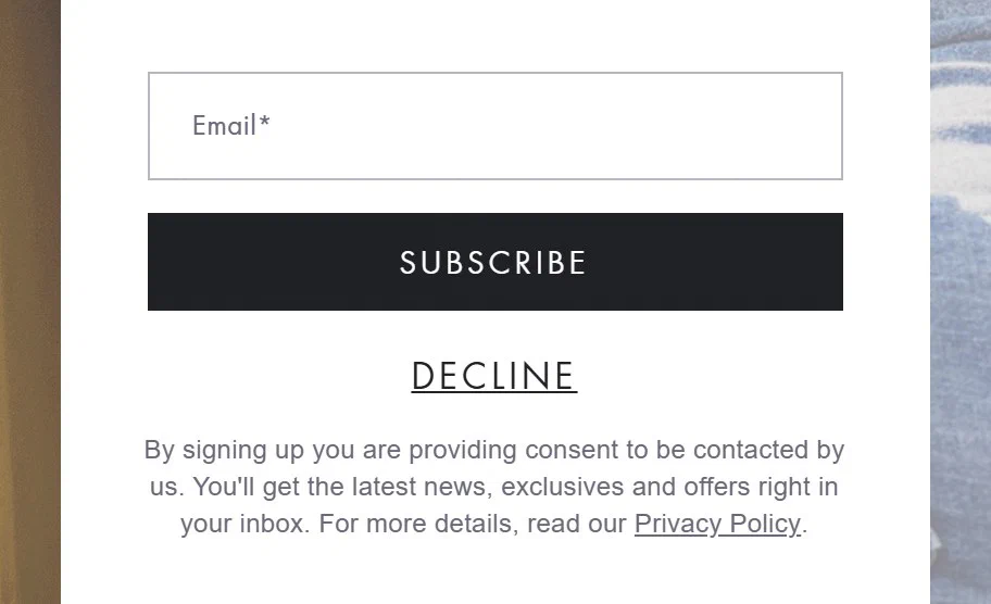Oliver Peoples email sign up popup, lower centre