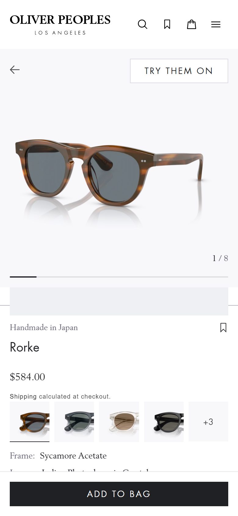 Oliver Peoples product page on mobile, not disclosed luxury eyewear storefront captured at 390 x 844