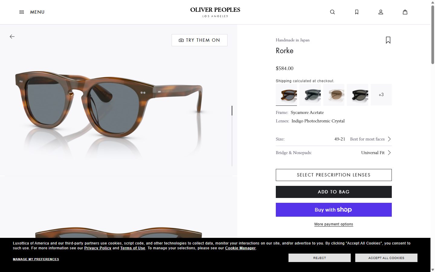 Oliver Peoples product page on desktop, not disclosed luxury eyewear storefront captured at 1440 x 900