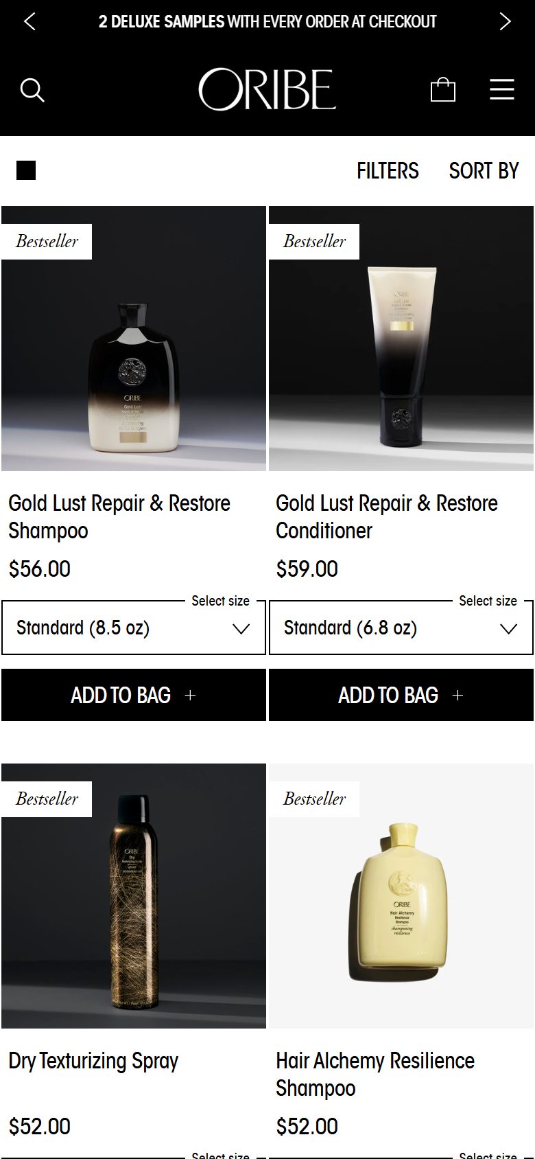 Oribe collection: all products excluding samples on mobile, Shopify luxury beauty storefront captured at 390 x 844