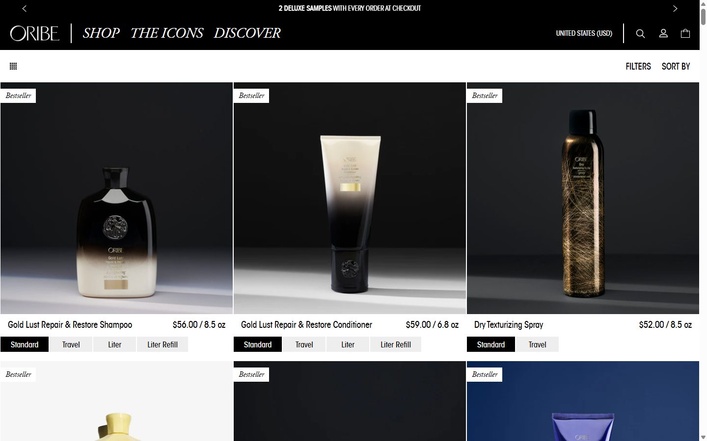 Oribe collection: all products excluding samples on desktop, Shopify luxury beauty storefront captured at 1440 x 900
