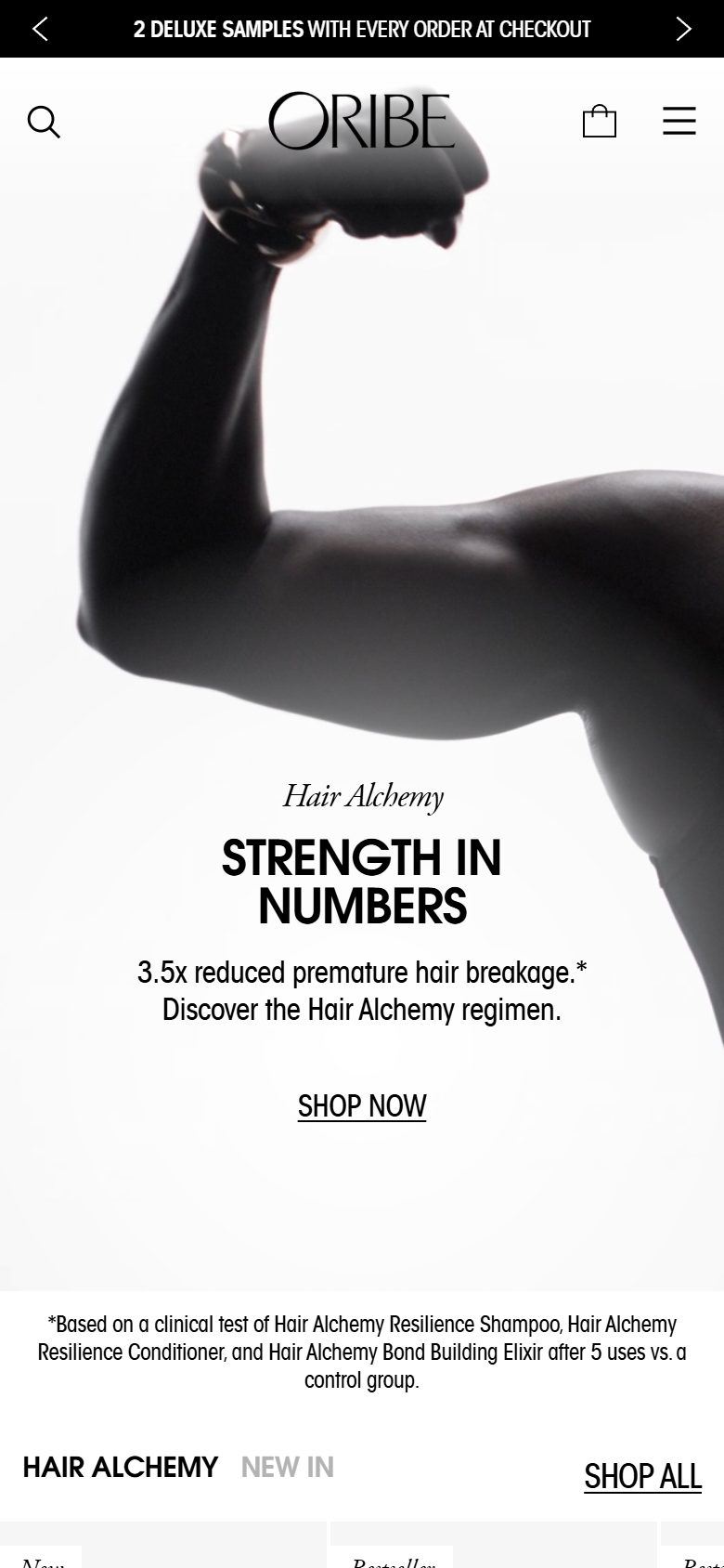 Oribe homepage on mobile, Shopify luxury beauty storefront captured at 390 x 844