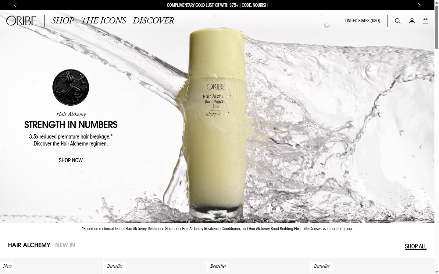 Oribe homepage on desktop, Shopify luxury beauty storefront captured at 1440 x 900