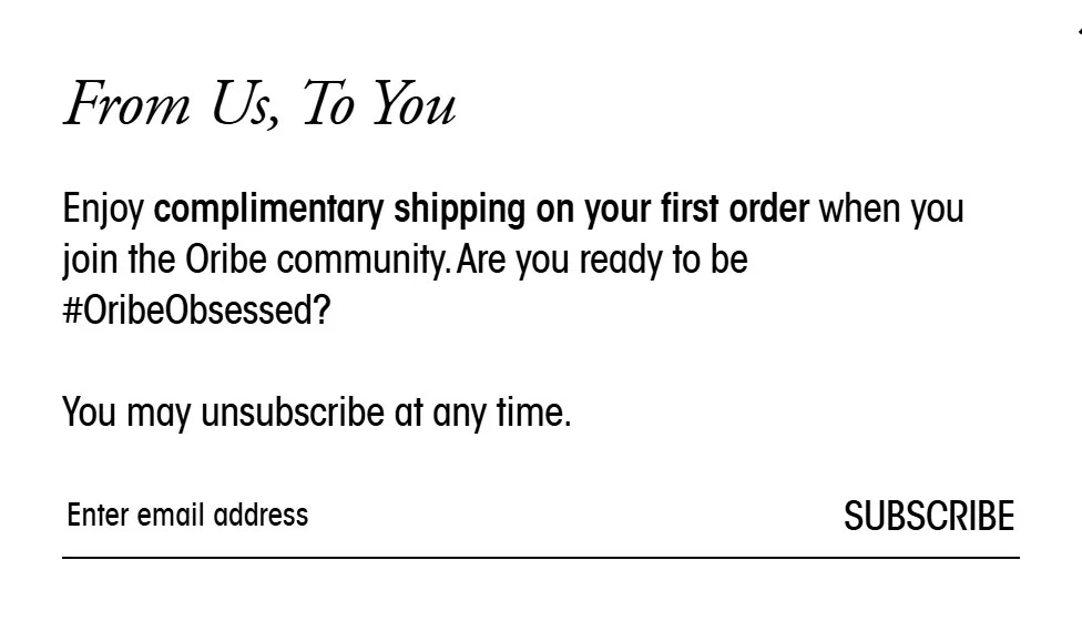 Oribe email sign up popup, upper right