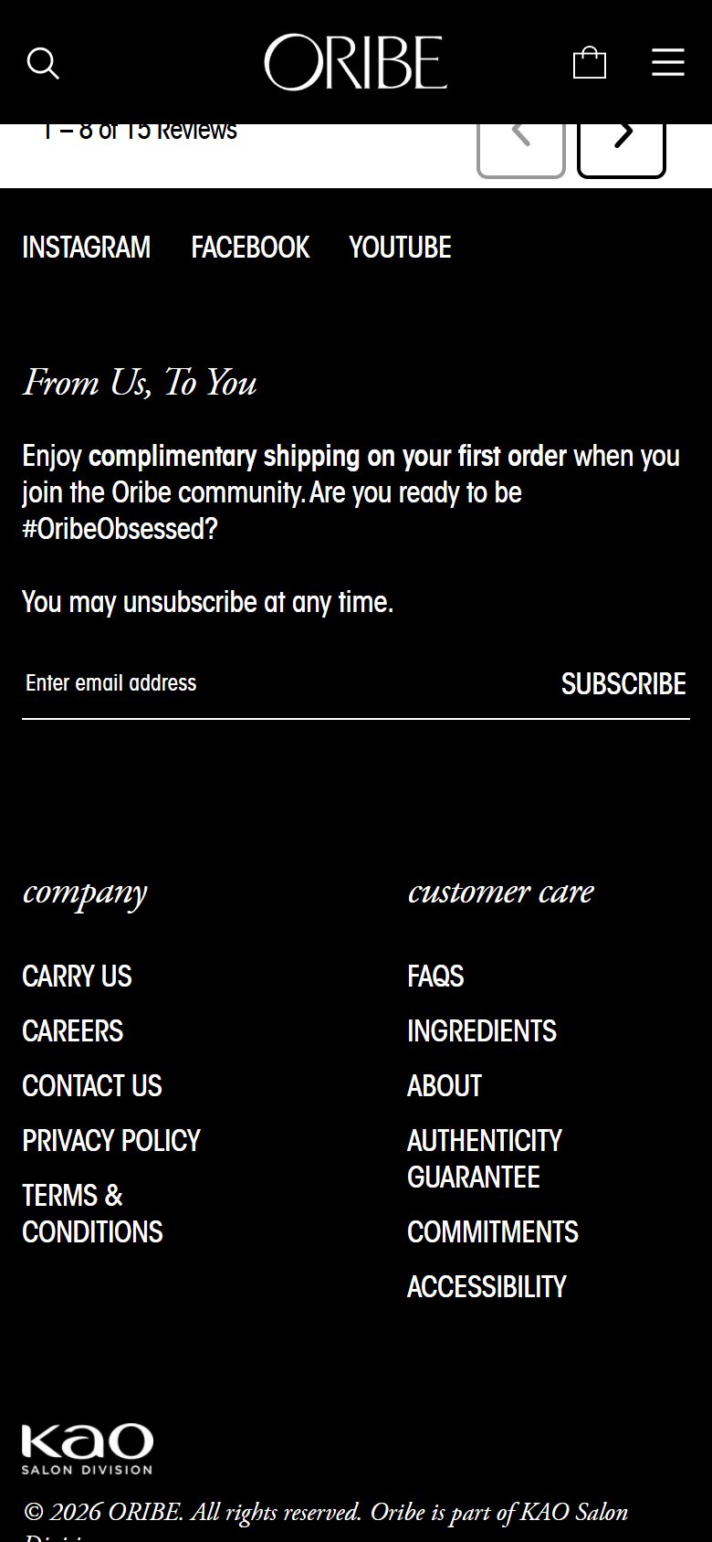 Oribe product page on mobile, Shopify luxury beauty storefront captured at 390 x 844