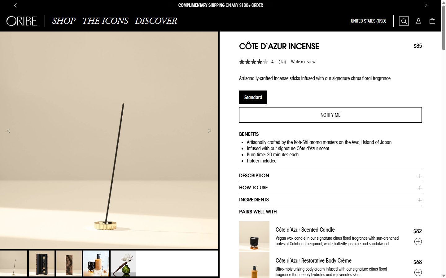Oribe product page on desktop, Shopify luxury beauty storefront captured at 1440 x 900
