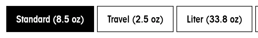 Oribe size selector photographed on its product page, 3 values as a radio list with text labels