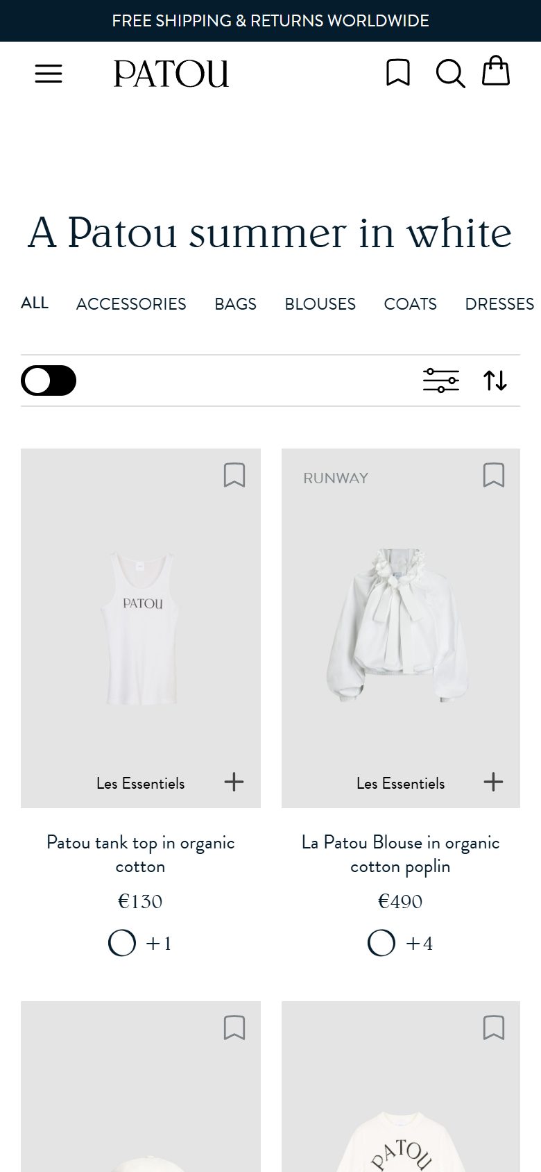 Patou collection: a patou summer in white on mobile, Shopify luxury fashion storefront captured at 390 x 844