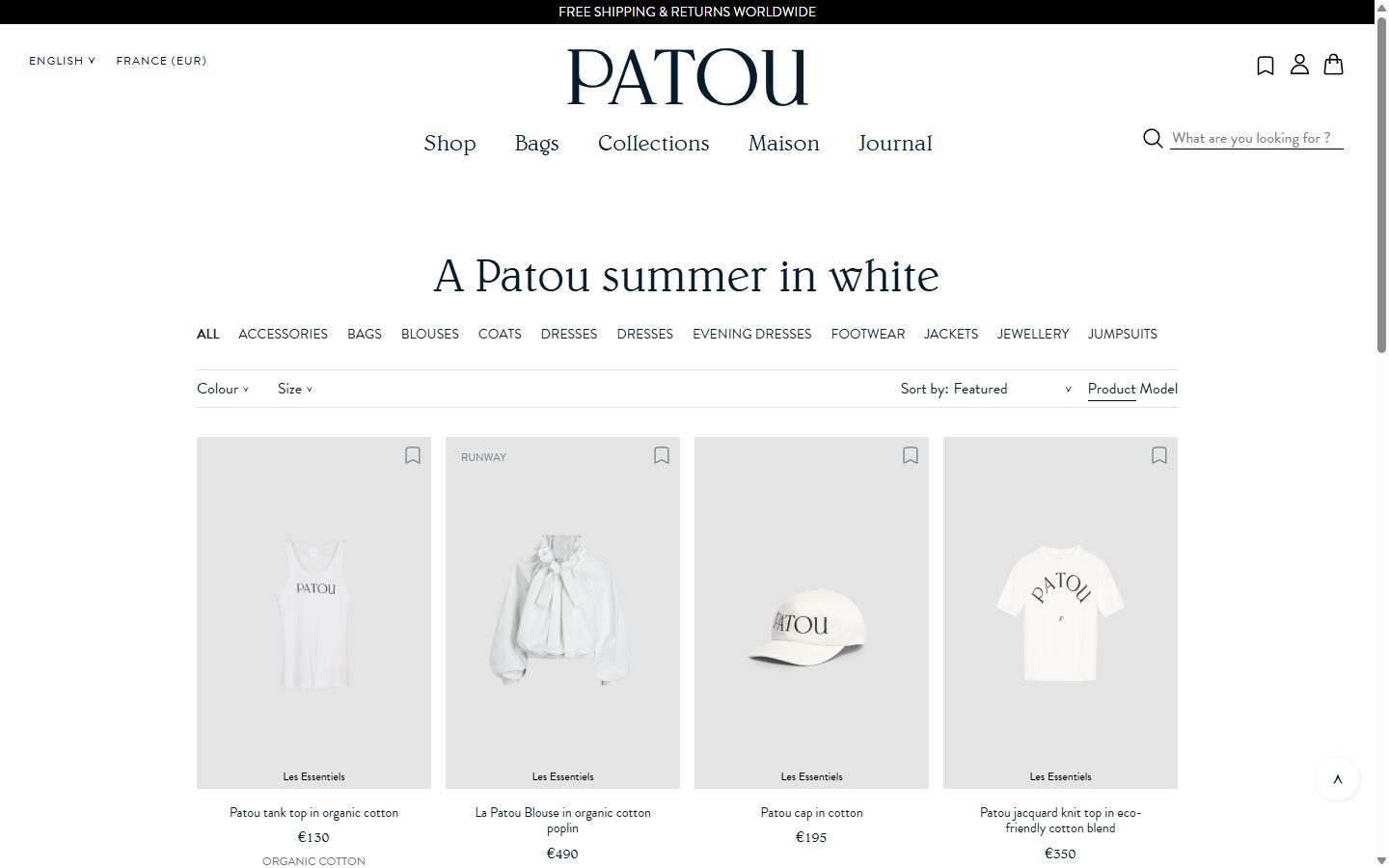Patou collection: a patou summer in white on desktop, Shopify luxury fashion storefront captured at 1440 x 900