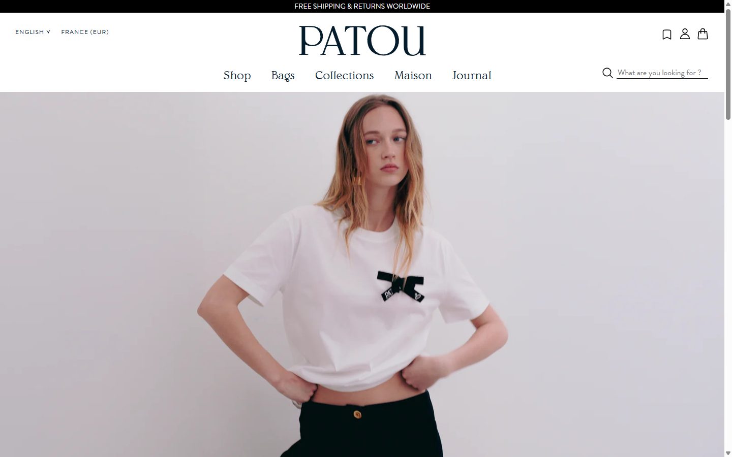 Patou homepage on desktop, Shopify luxury fashion storefront captured at 1440 x 900