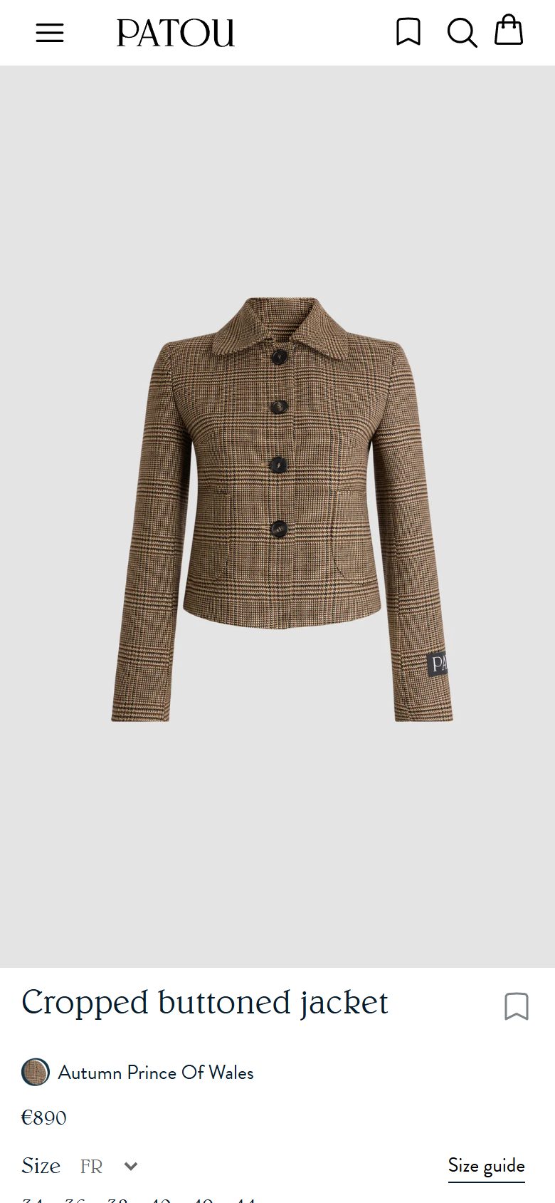 Patou product page on mobile, Shopify luxury fashion storefront captured at 390 x 844