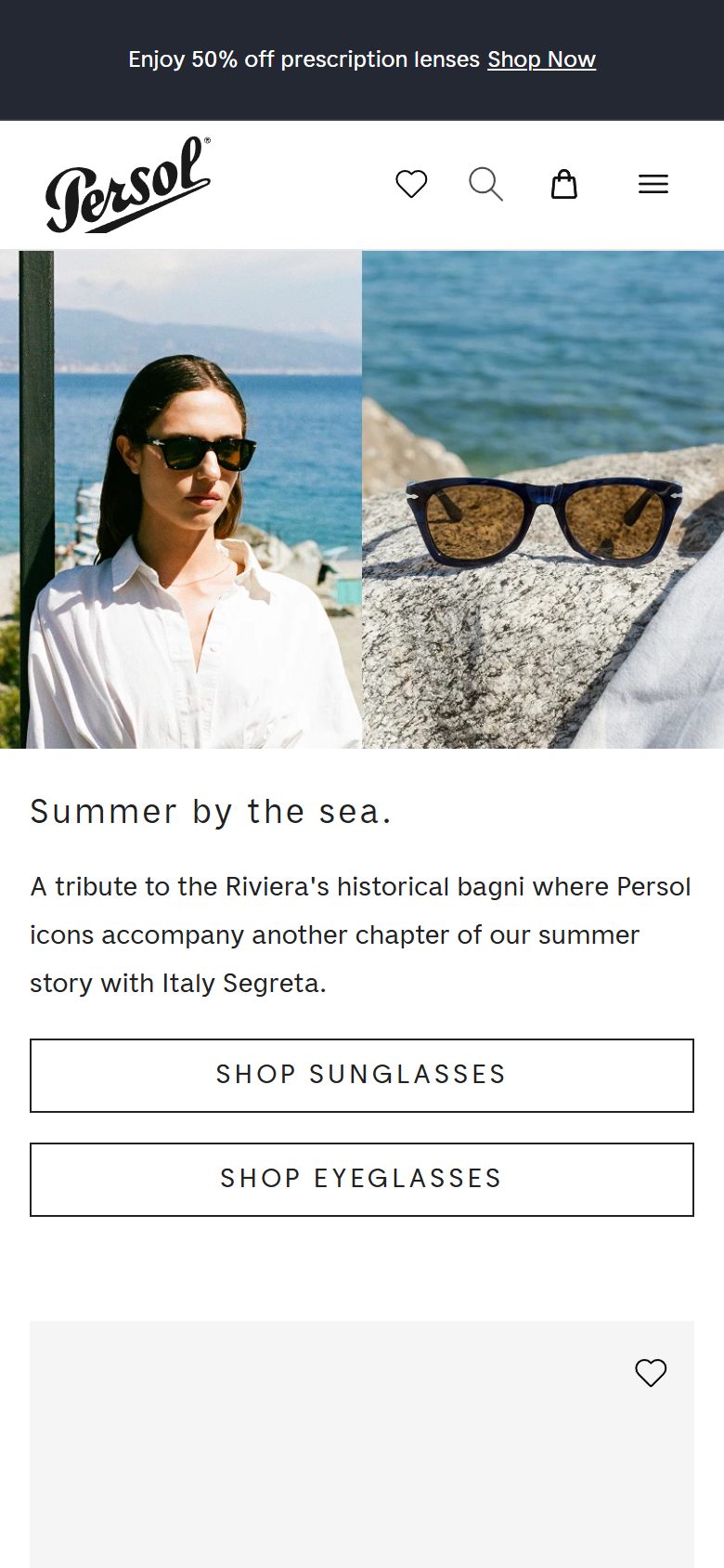 Persol homepage on mobile, not disclosed luxury eyewear storefront captured at 390 x 844
