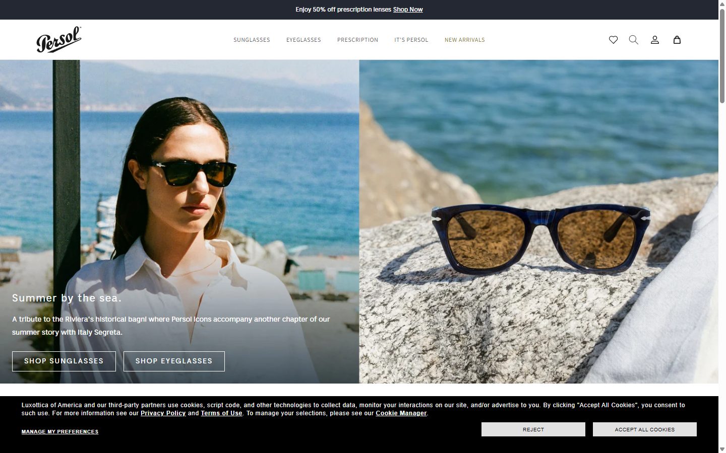 Persol homepage on desktop, not disclosed luxury eyewear storefront captured at 1440 x 900