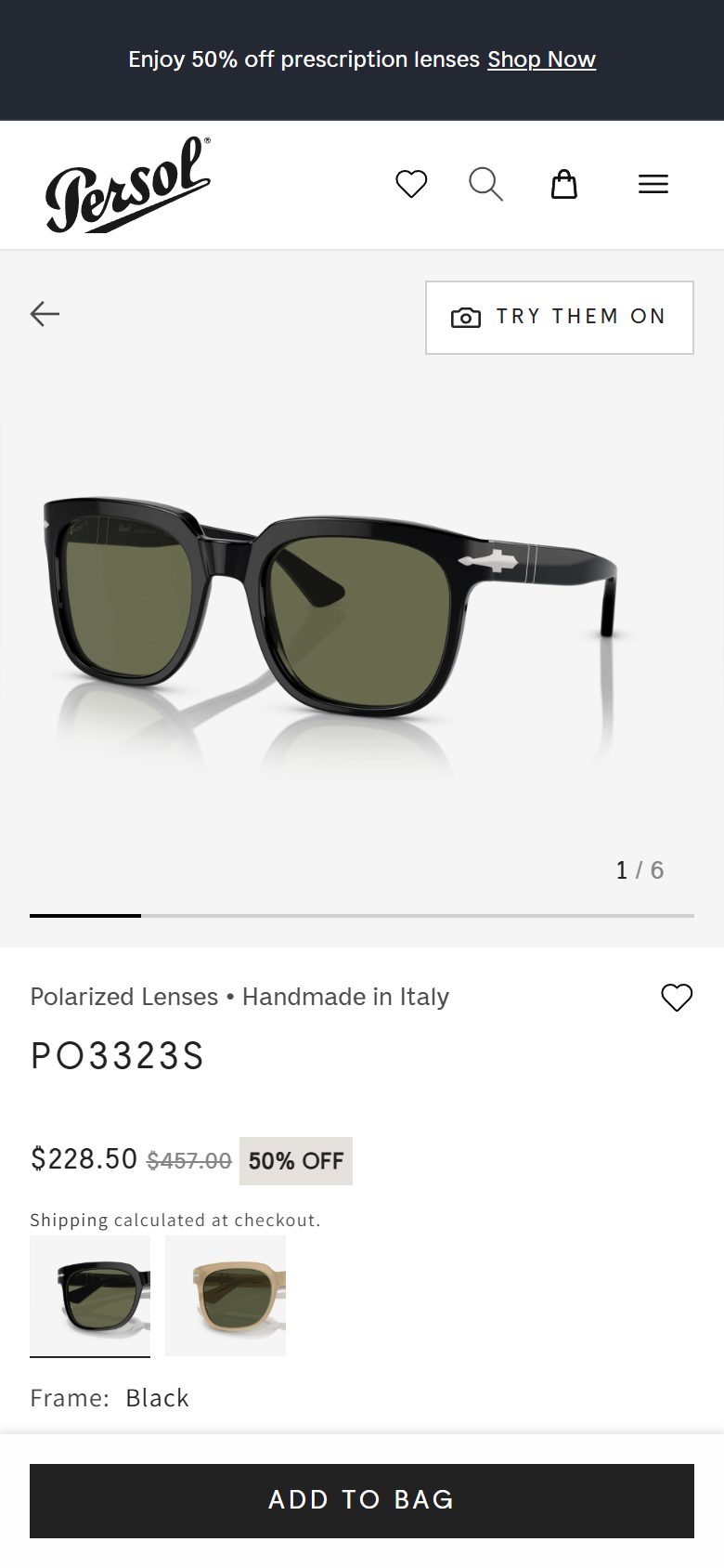Persol product page on mobile, not disclosed luxury eyewear storefront captured at 390 x 844