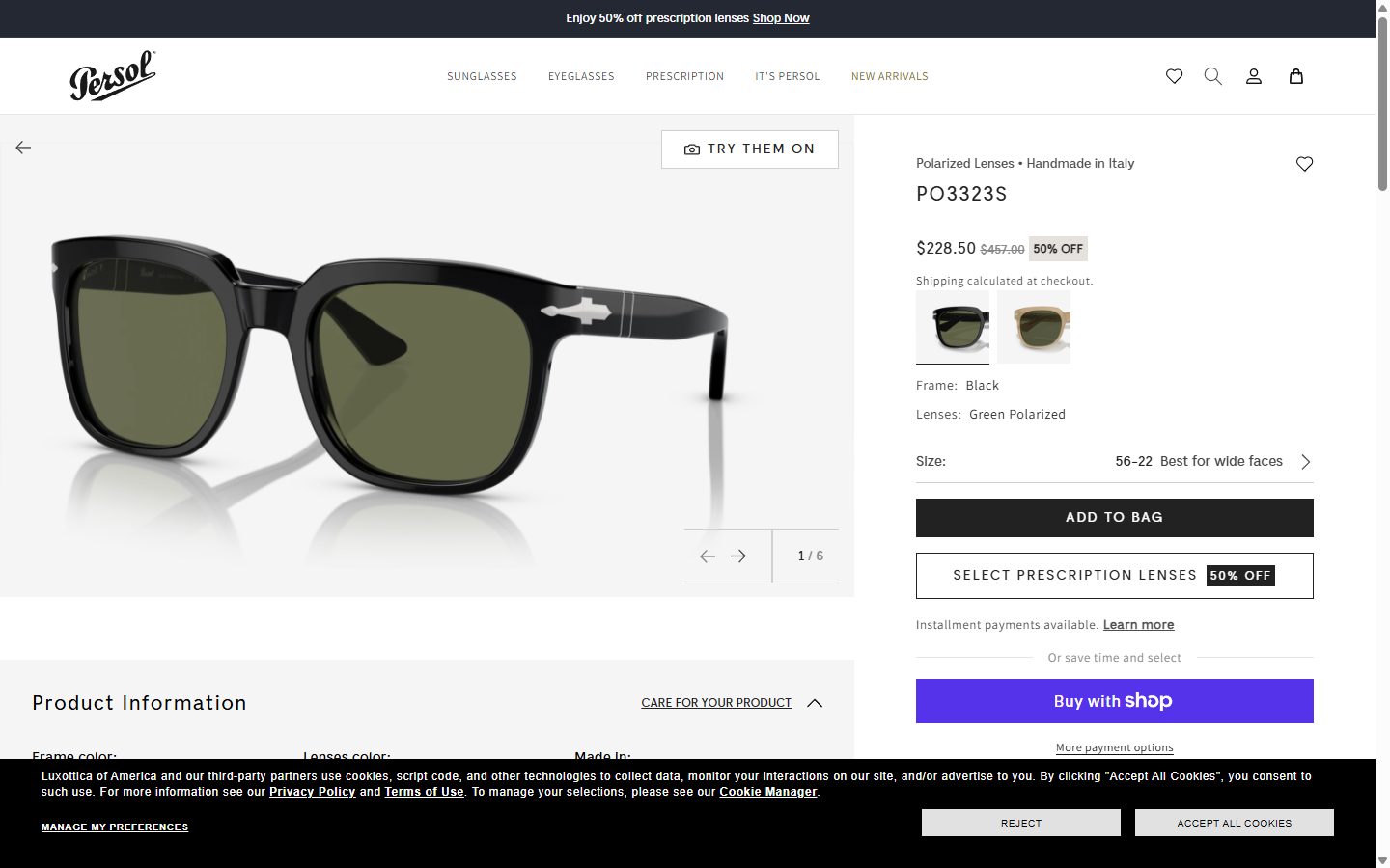 Persol product page on desktop, not disclosed luxury eyewear storefront captured at 1440 x 900