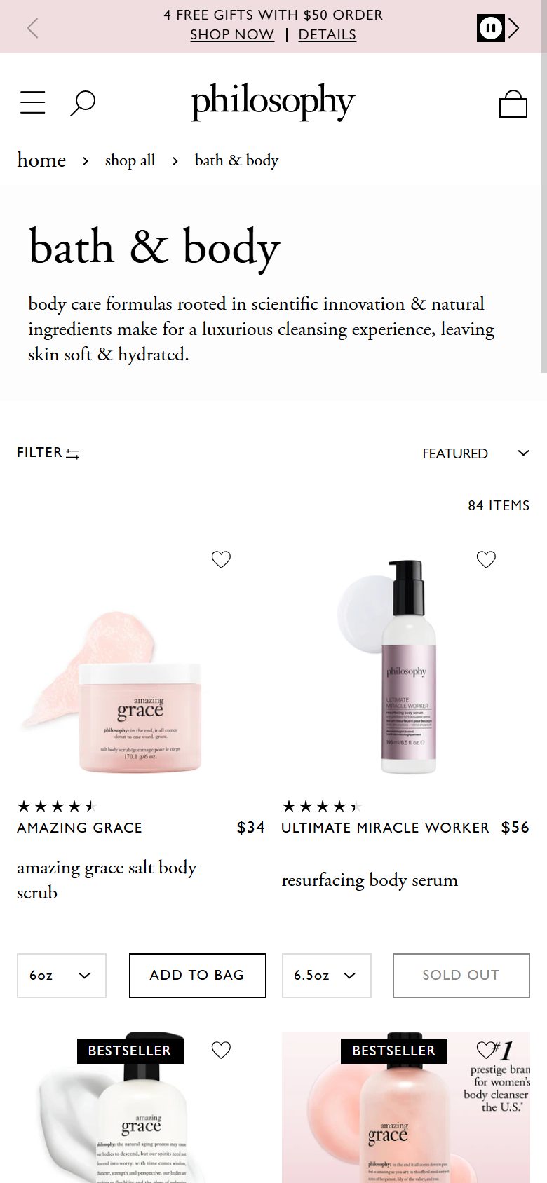 Philosophy collection: bath & body on mobile, Shopify luxury beauty storefront captured at 390 x 844