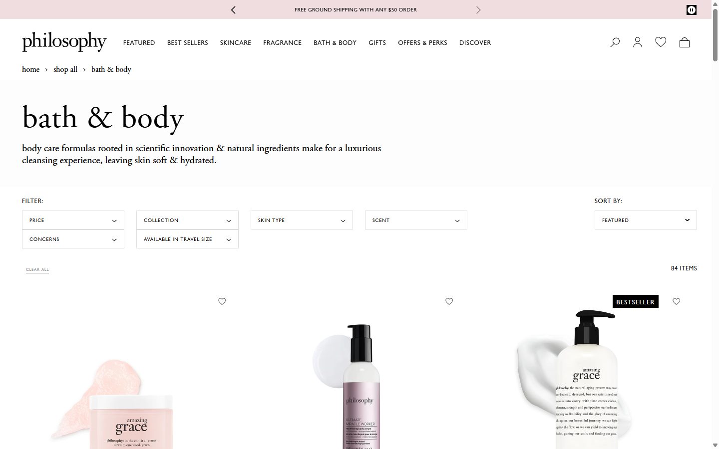 Philosophy collection: bath & body on desktop, Shopify luxury beauty storefront captured at 1440 x 900