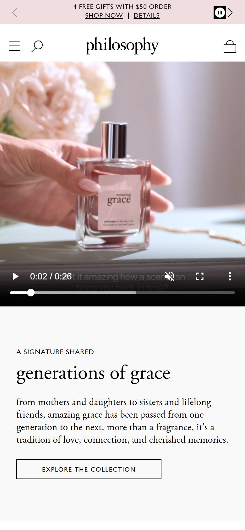 Philosophy homepage on mobile, Shopify luxury beauty storefront captured at 390 x 844