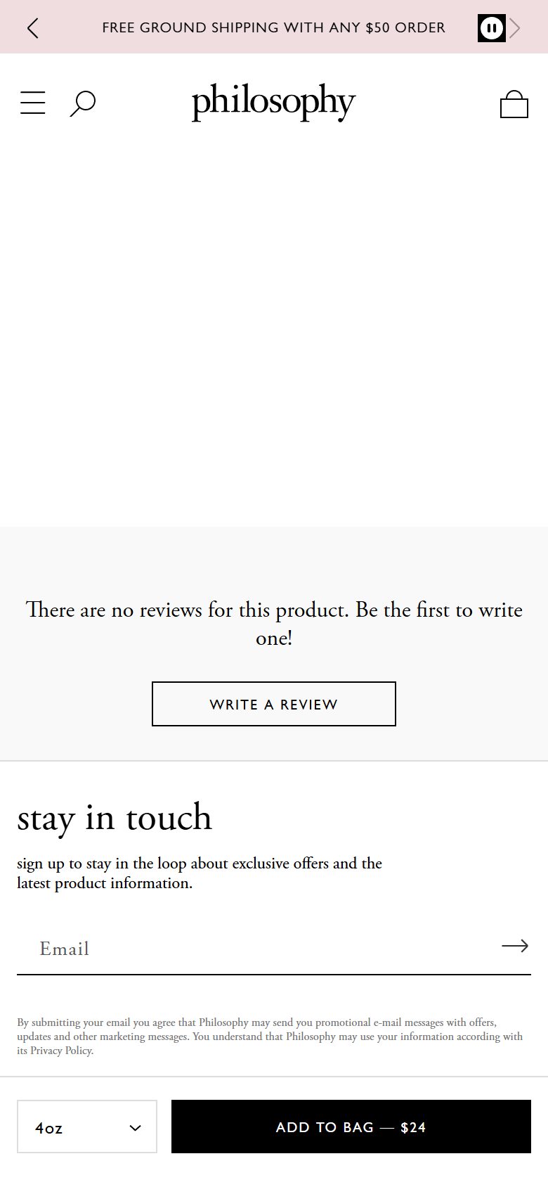 Philosophy product page on mobile, Shopify luxury beauty storefront captured at 390 x 844