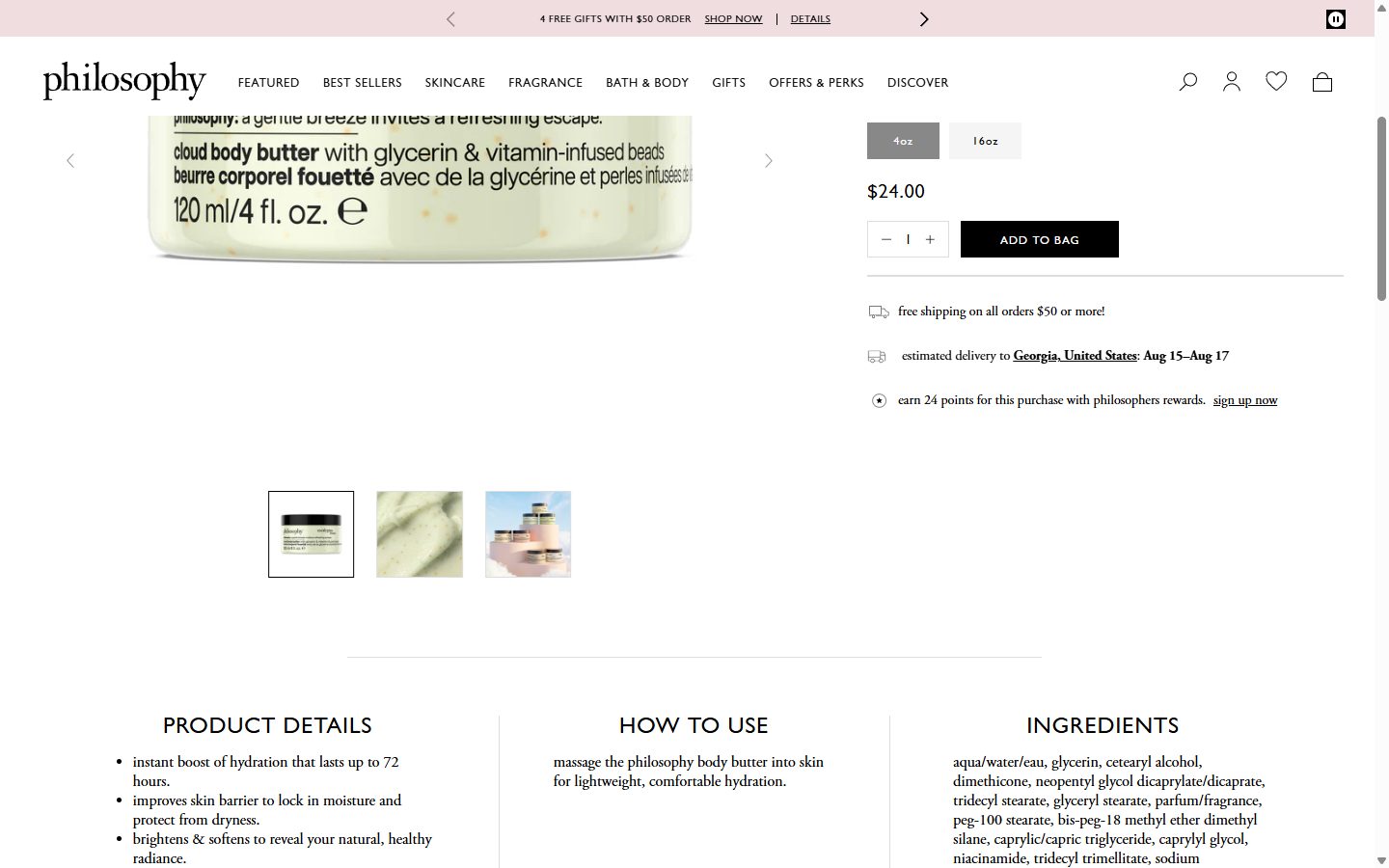 Philosophy product page on desktop, Shopify luxury beauty storefront captured at 1440 x 900