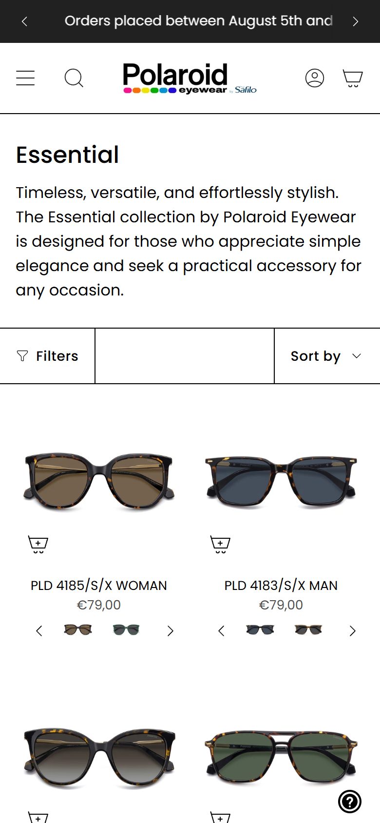Polaroid Eyewear collection: essential on mobile, Shopify luxury eyewear storefront captured at 390 x 844