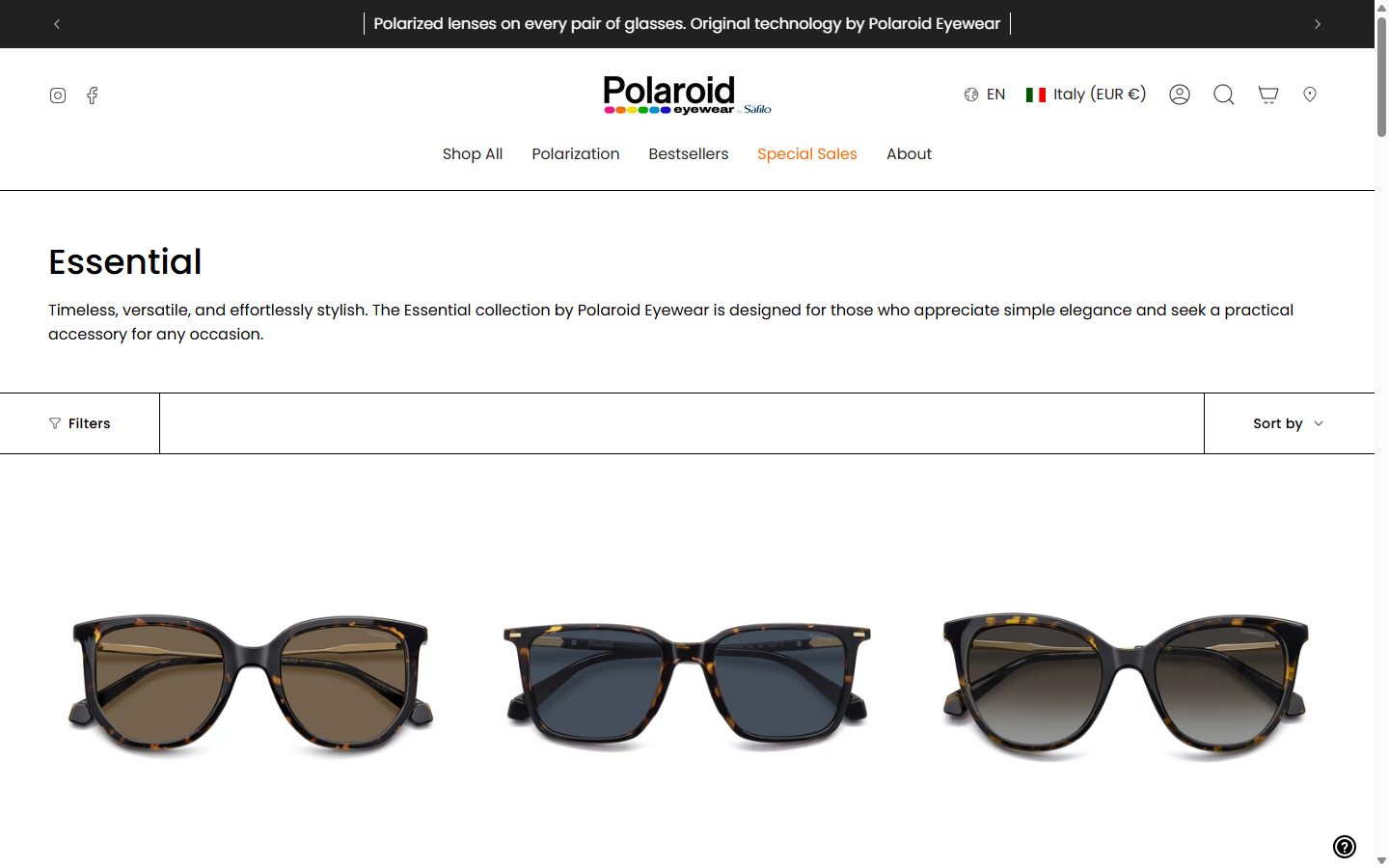 Polaroid Eyewear collection: essential on desktop, Shopify luxury eyewear storefront captured at 1440 x 900