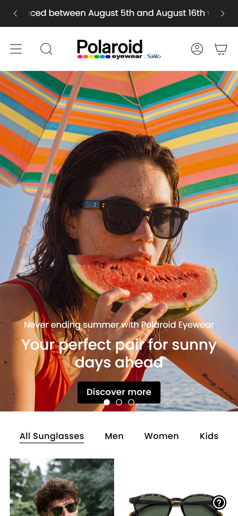 Polaroid Eyewear homepage on mobile, Shopify luxury eyewear storefront captured at 390 x 844