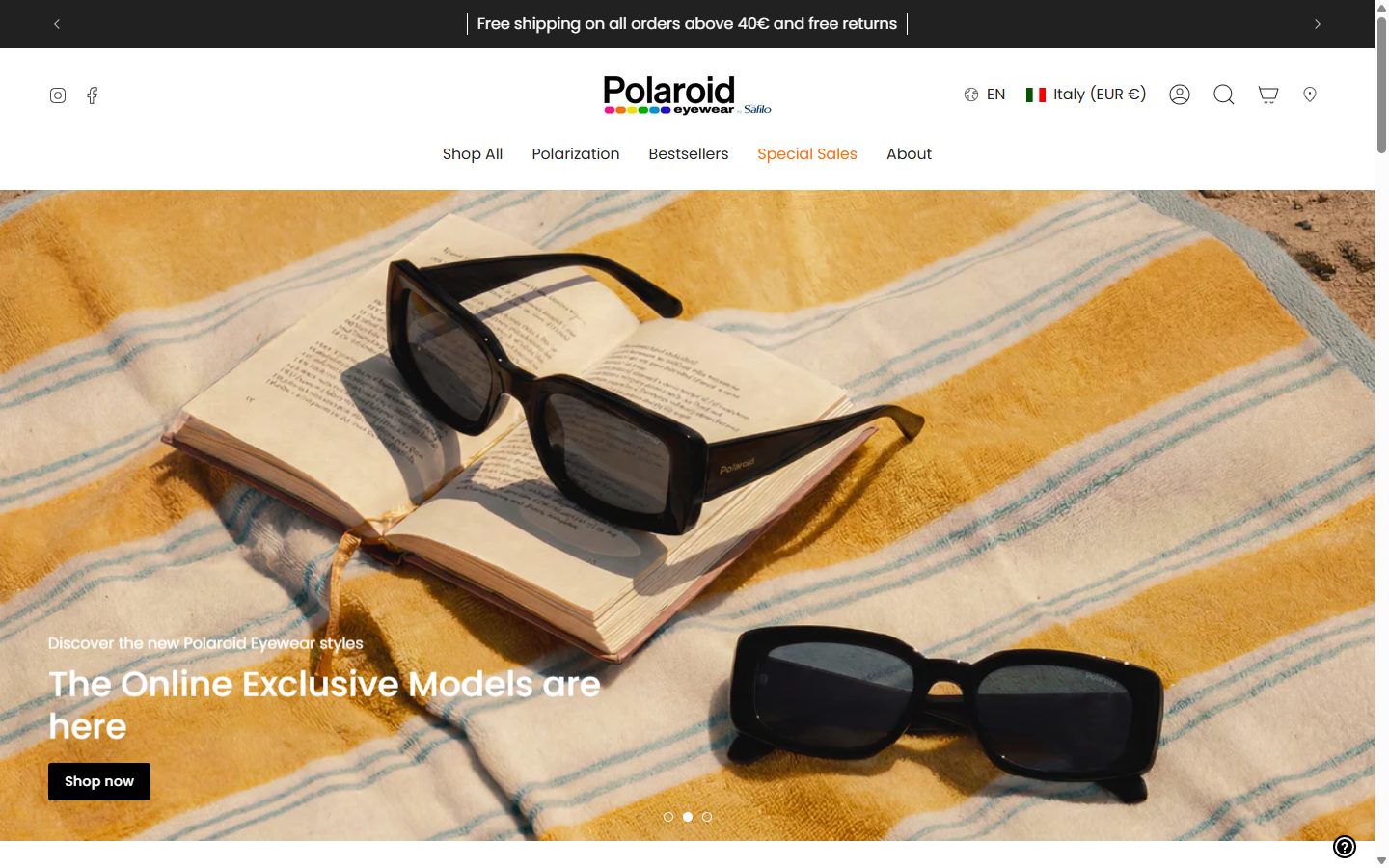 Polaroid Eyewear homepage on desktop, Shopify luxury eyewear storefront captured at 1440 x 900