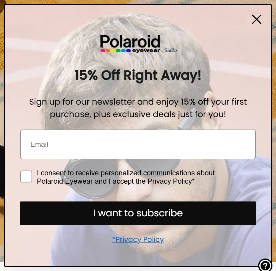 Polaroid Eyewear email sign up popup, lower right, offering 15% off