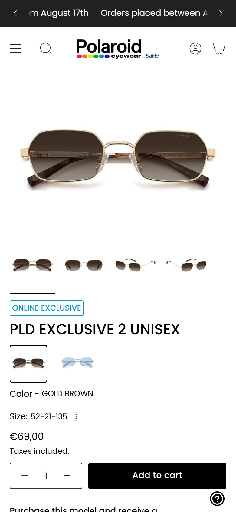 Polaroid Eyewear product page on mobile, Shopify luxury eyewear storefront captured at 390 x 844