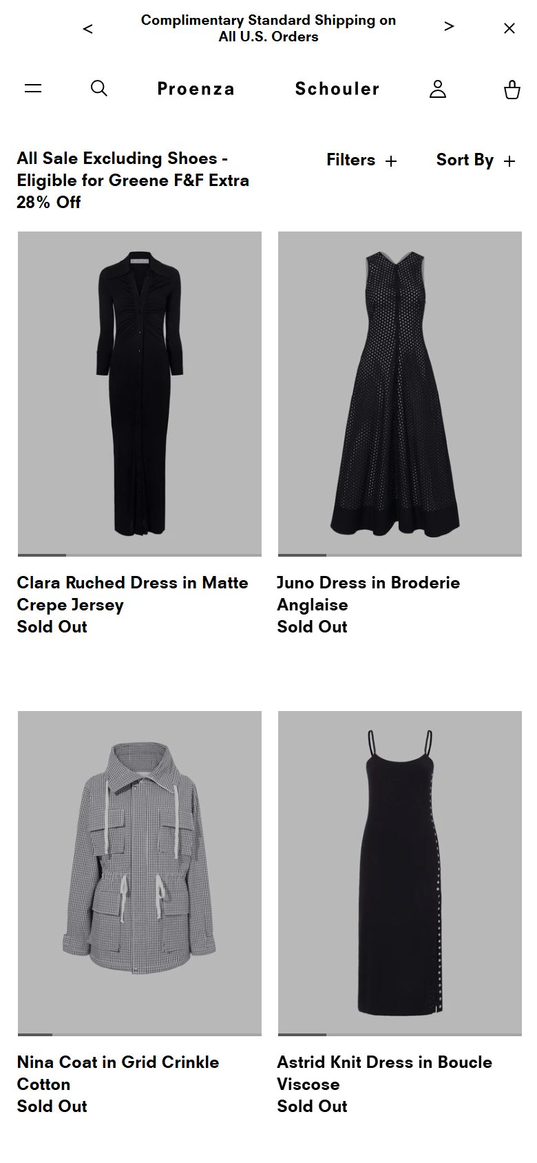 Proenza Schouler collection: all sale excluding shoes - eligible for greene f&f extra 28% off on mobile, not disclosed luxury fashion storefront captured at 390 x 844