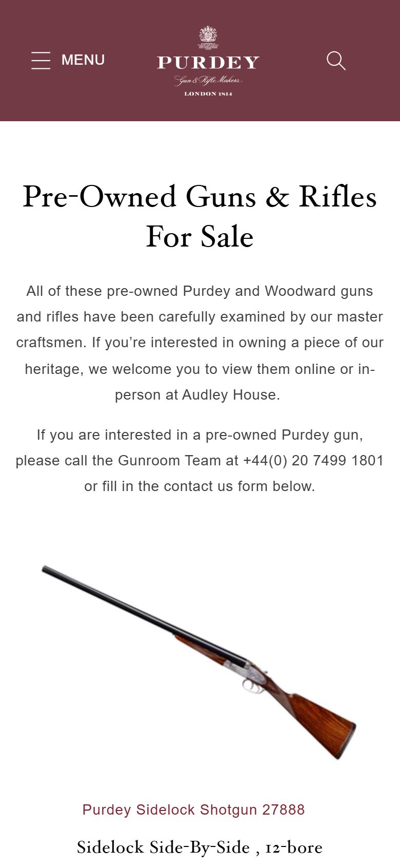 Purdey collection: pre-owned guns & rifles for sale on mobile, not disclosed luxury lifestyle storefront captured at 390 x 844