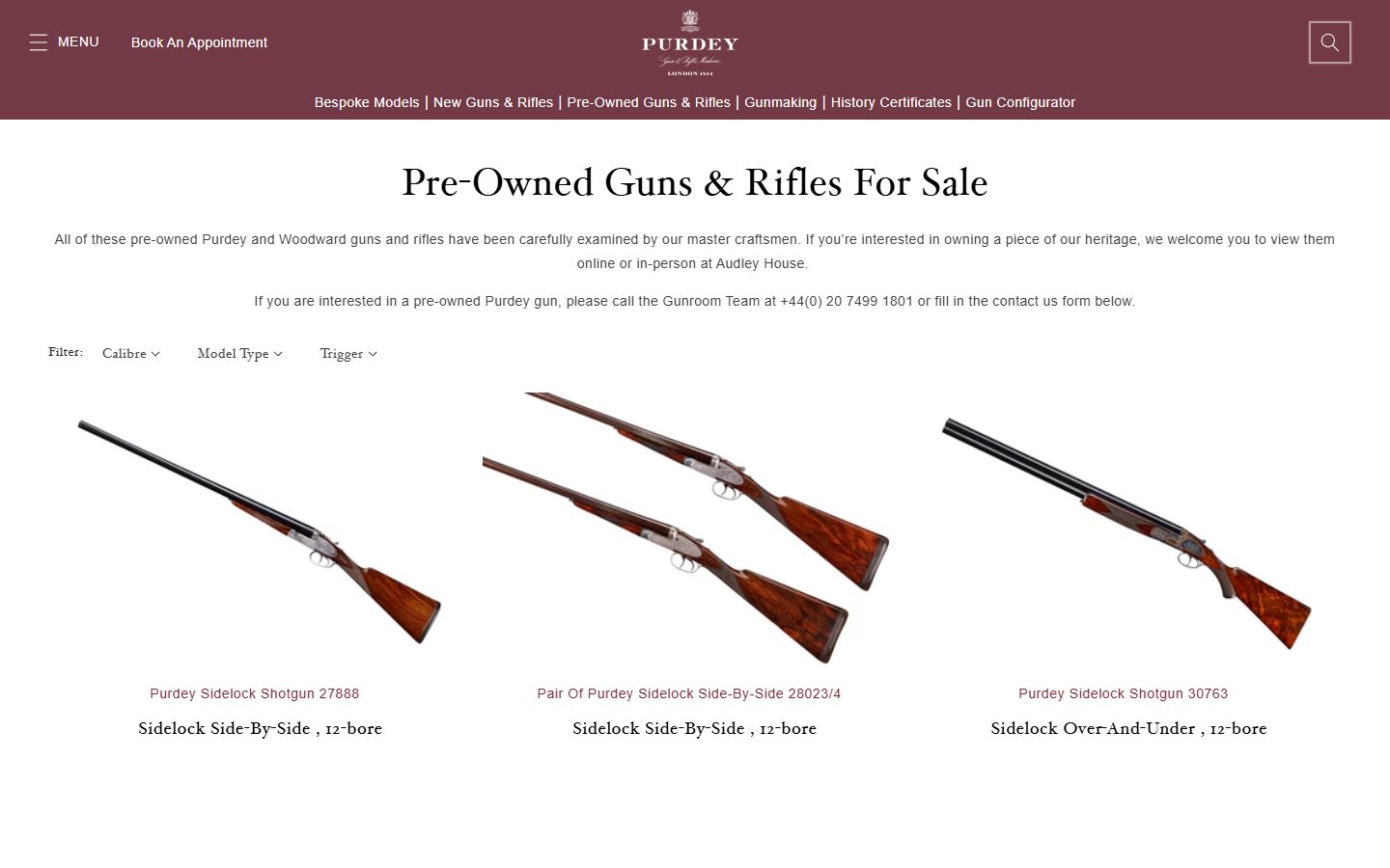Purdey collection: pre-owned guns & rifles for sale on desktop, not disclosed luxury lifestyle storefront captured at 1440 x 900