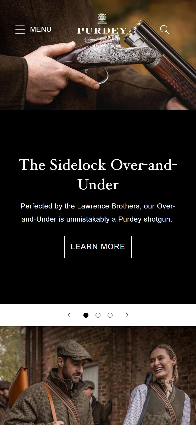 Purdey homepage on mobile, not disclosed luxury lifestyle storefront captured at 390 x 844