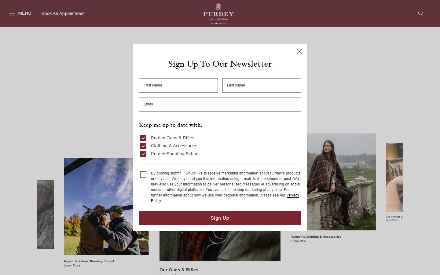 Purdey homepage on desktop, not disclosed luxury lifestyle storefront captured at 1440 x 900