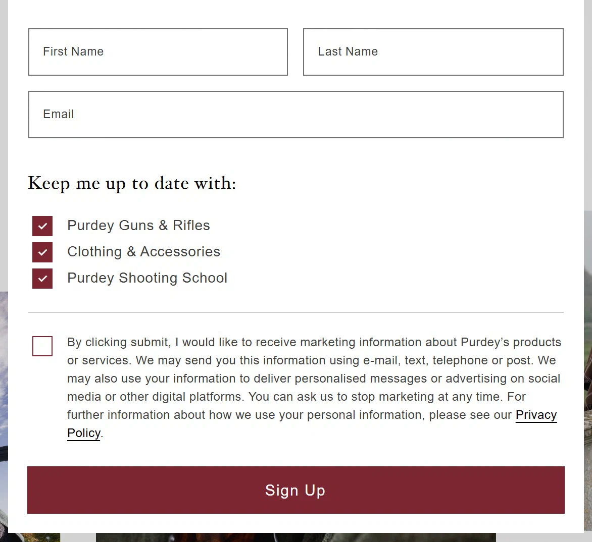 Purdey email sign up popup, centred centre