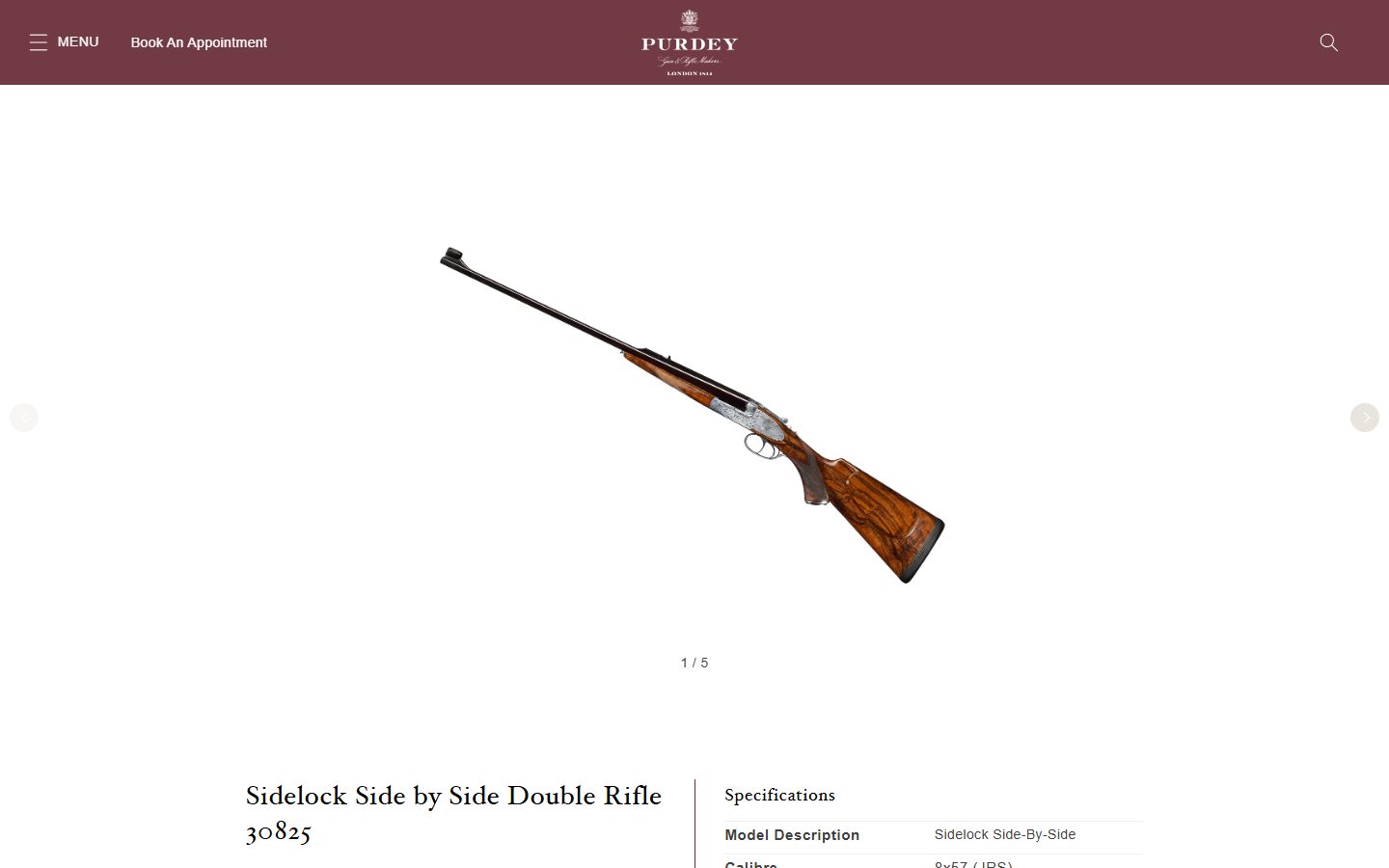 Purdey product page on desktop, not disclosed luxury lifestyle storefront captured at 1440 x 900