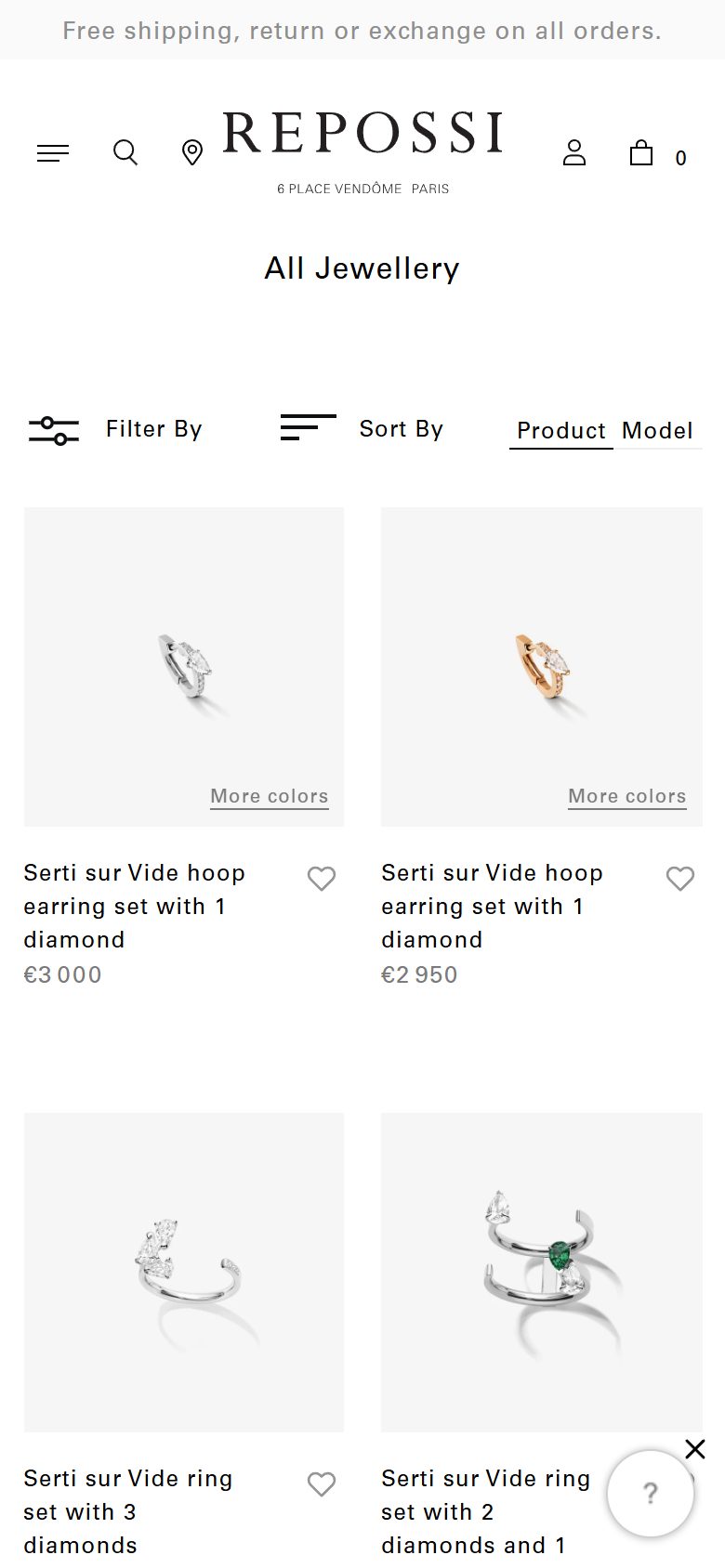 Repossi collection: all jewellery on mobile, Shopify luxury jewelry storefront captured at 390 x 844