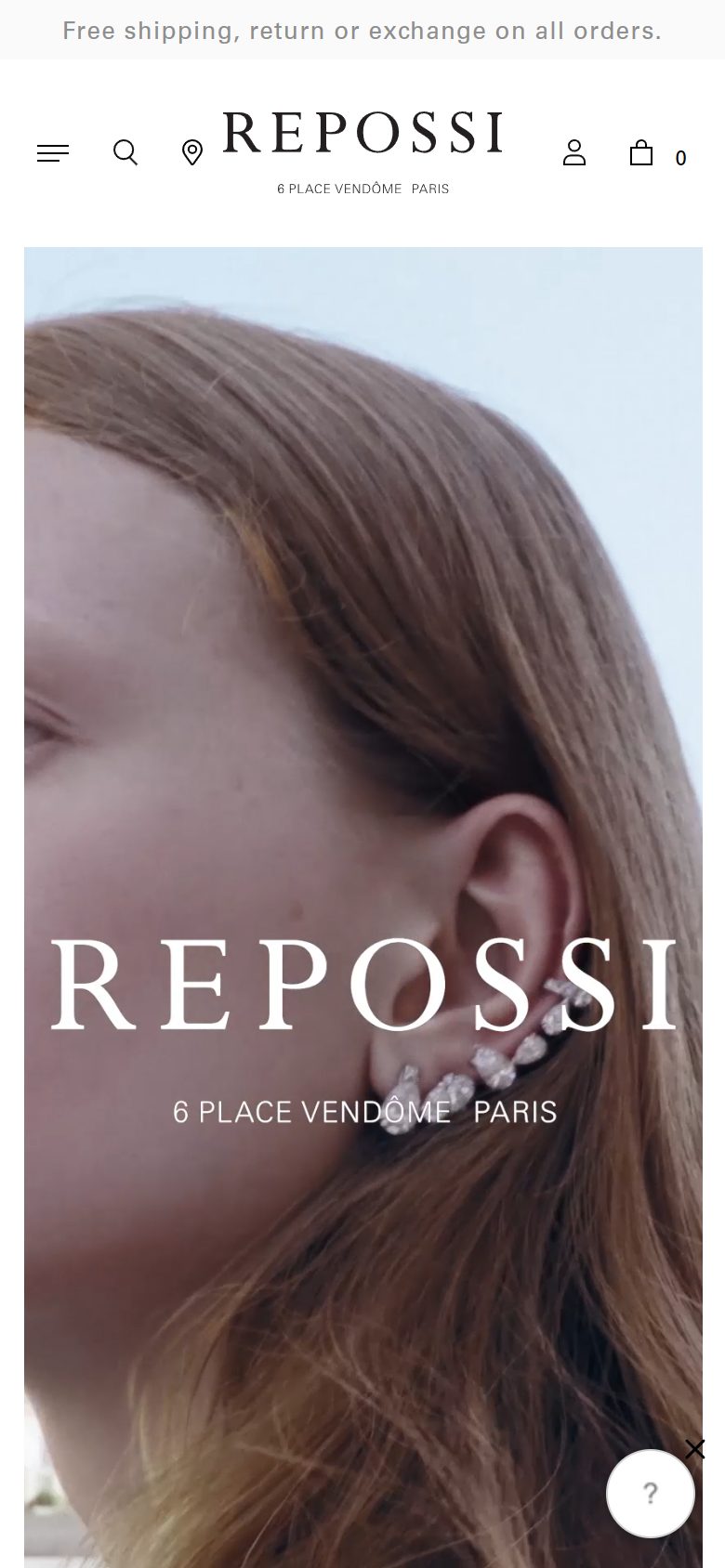 Repossi homepage on mobile, Shopify luxury jewelry storefront captured at 390 x 844