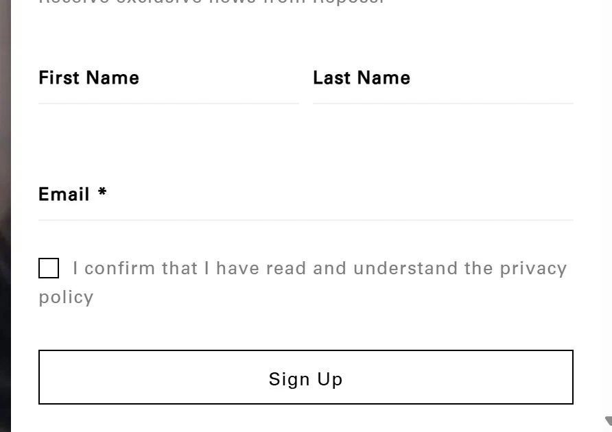 Repossi email sign up popup, lower right